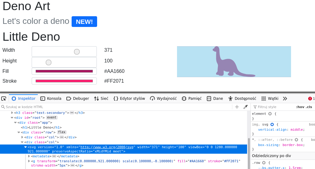 Dinozaur na stronie z dev tools /deno-react-dino.png