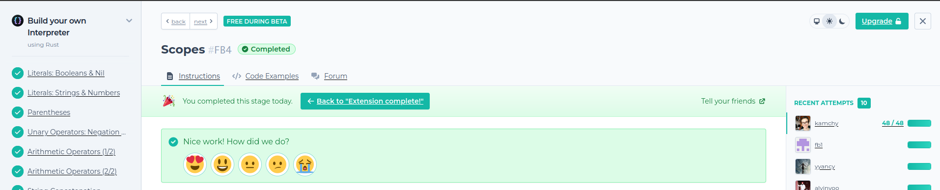 Finally all tasks done - screenshot from codecrafters page /en/posts/2024-10-06_about_rust/success.png