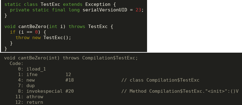 code and bytecode for throwing exception