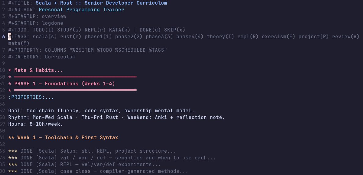 Org-agenda scheduled tasks for learning scala and rust ./org.jpg